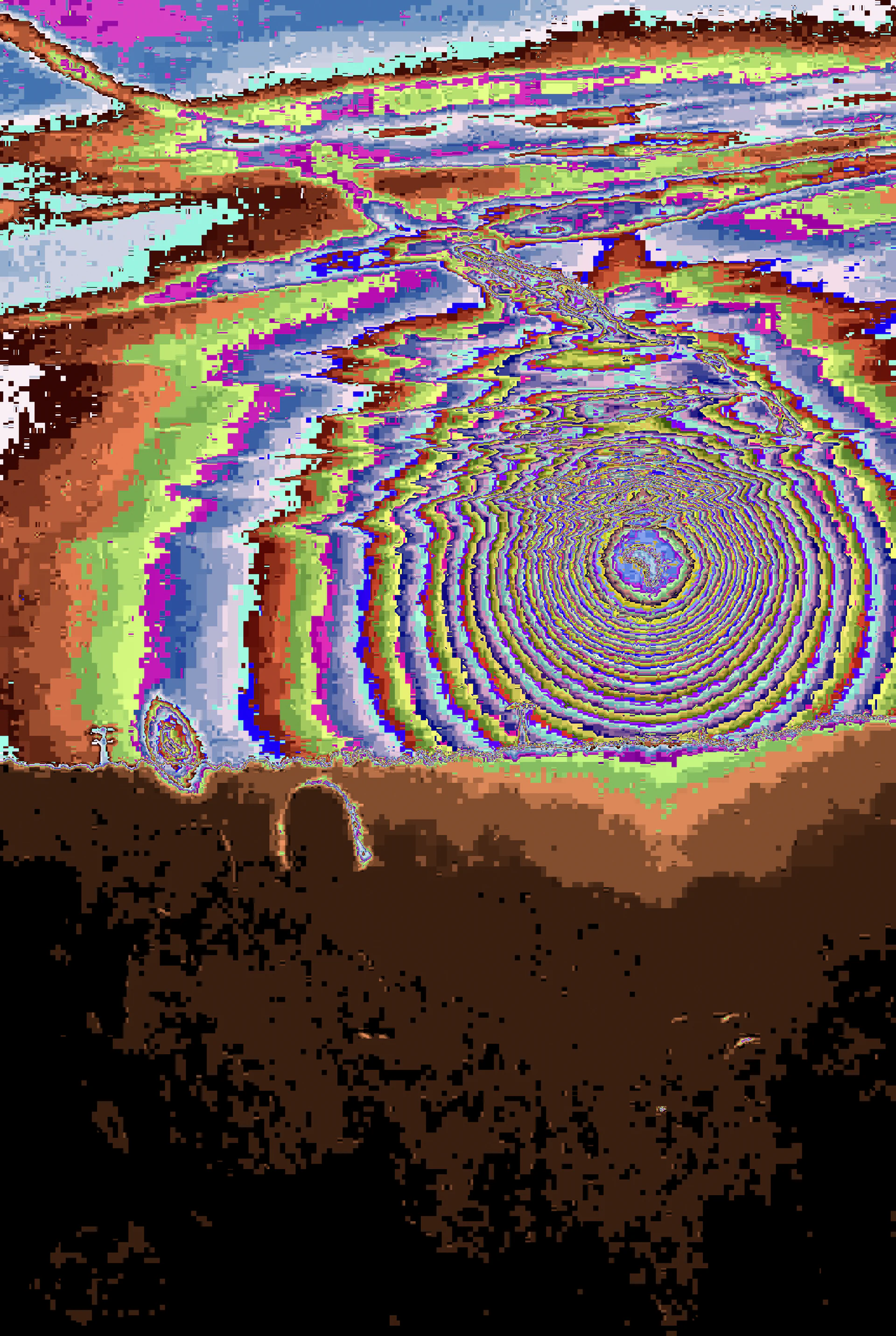 Encrypted image print from PXcrypt by Jacob Aran — a landscape broken into rainbow-coloured interference rings
