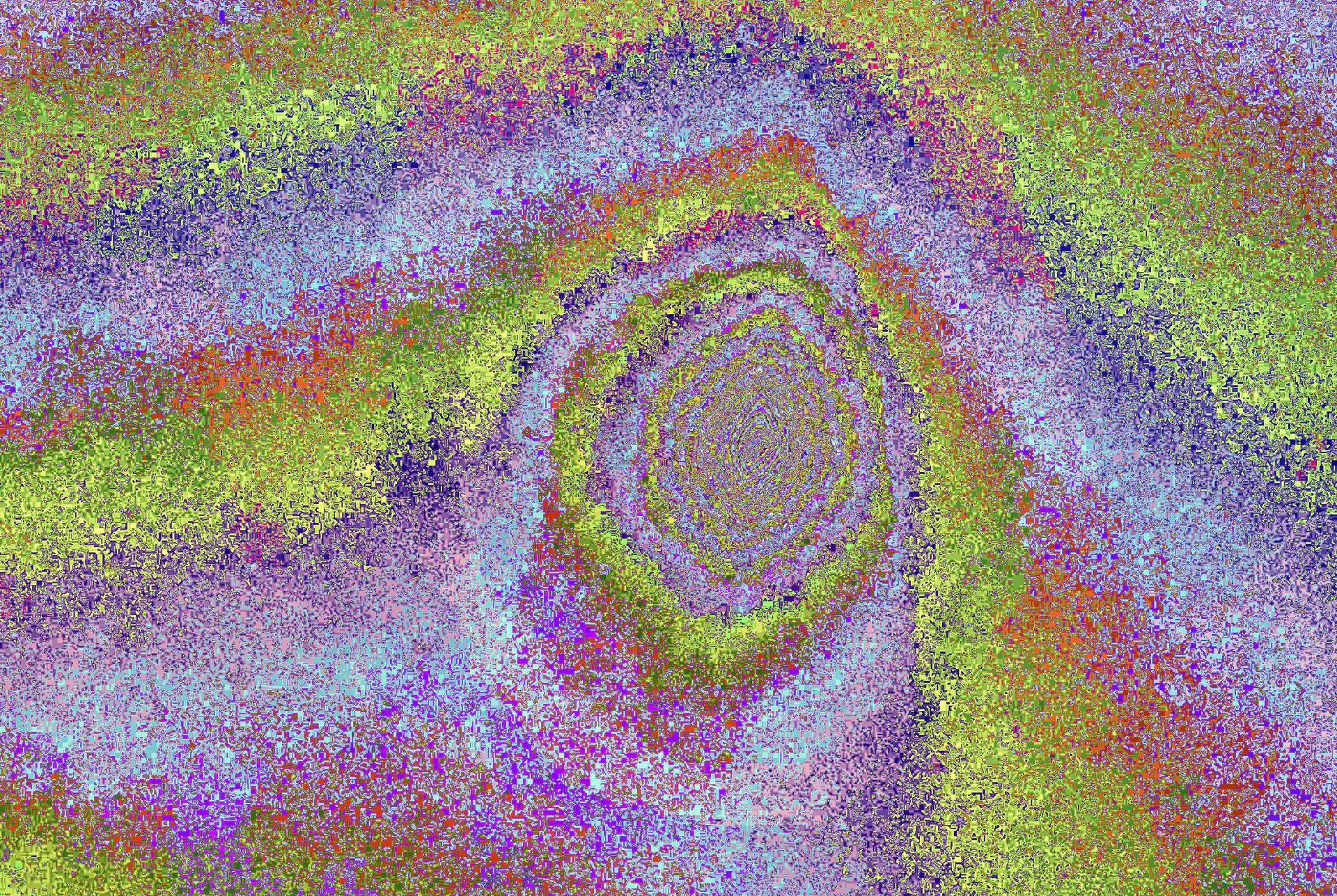 Encrypted image print from PXcrypt by Jacob Aran — concentric rings of coloured pixel noise produced by a matrix transformation