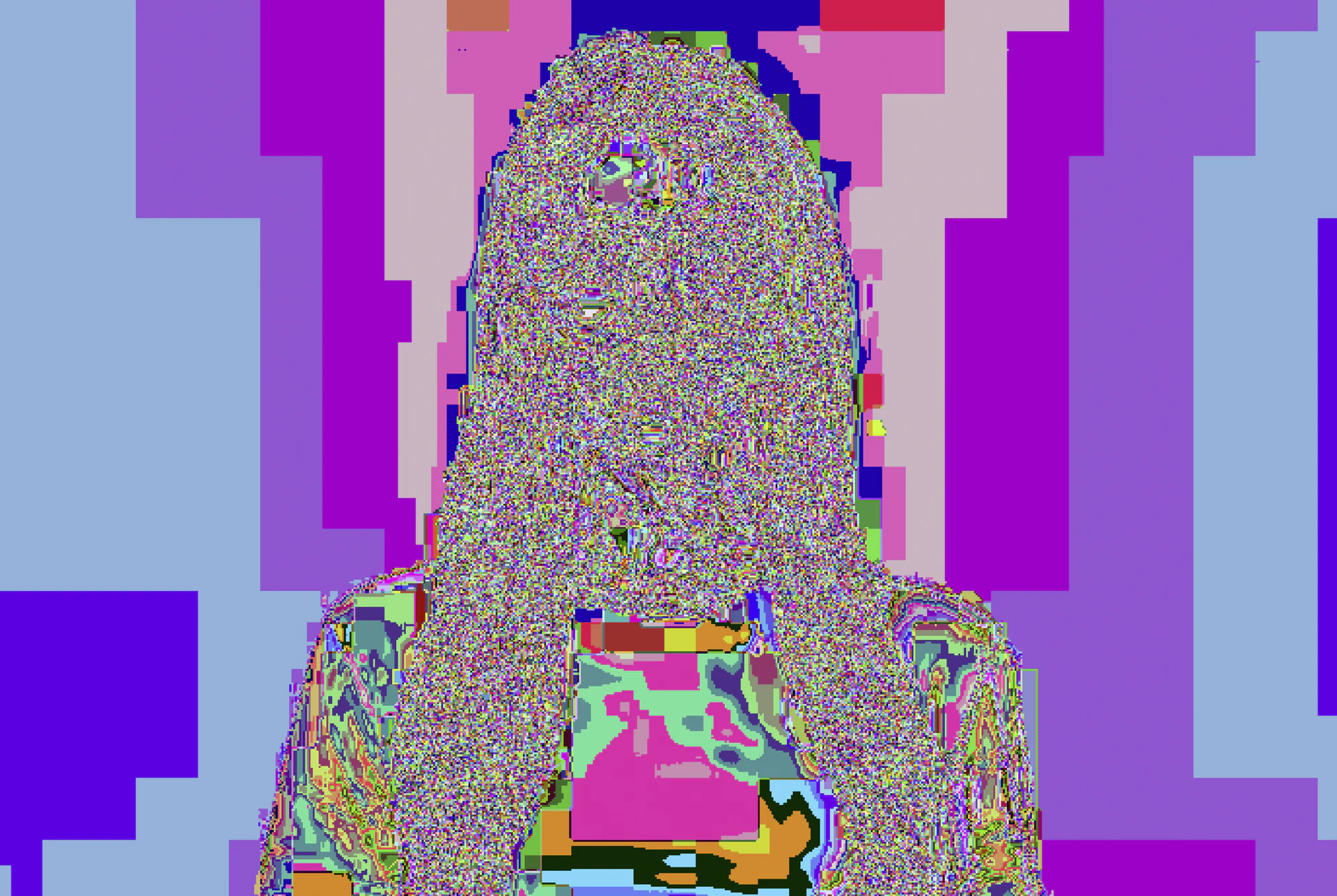Encrypted image print from PXcrypt by Jacob Aran — a portrait silhouette filled with pixel noise against blocky colour fields